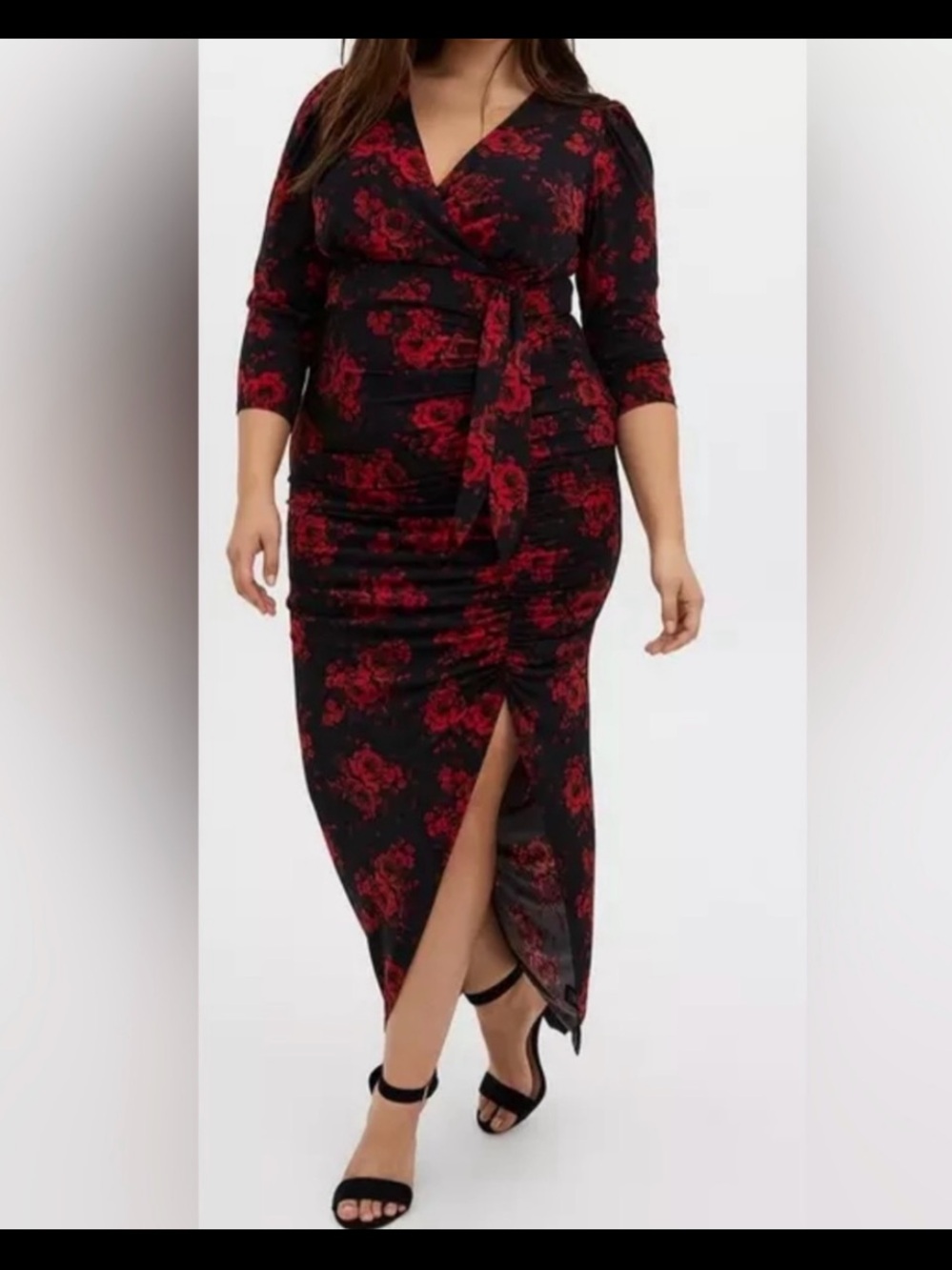 Torrid Size 12 Red Roses Maxi Dress ruched slit V-Neck Slimming stretch